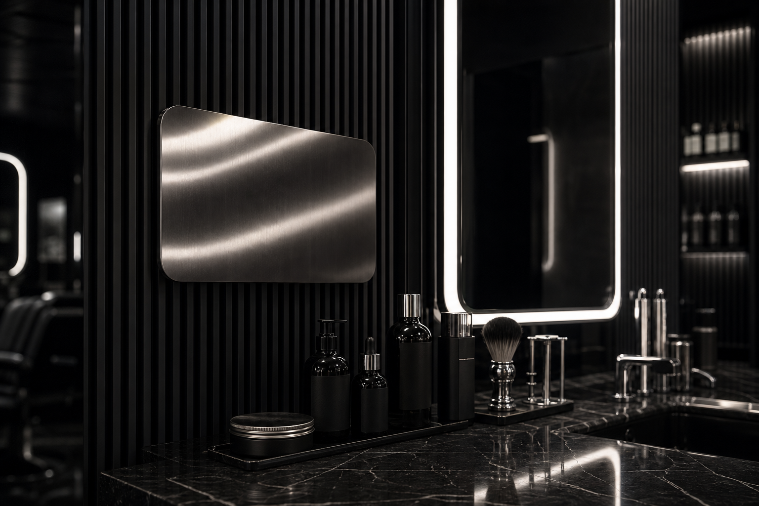 Chrome and black barber studio detail